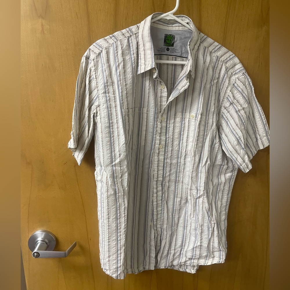Timberland White and Blue Casual Button Down Shirt Men’s Size L Short Sleeve